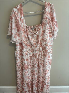 NEW J. Gee Dress 3X Plus Size Pink White Floral Flutter Sleeve Smocked Maxi Boho